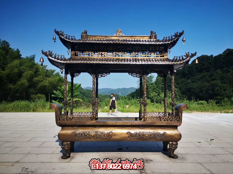 大型寺廟景區擺放二層鏤空鑄銅浮雕香爐