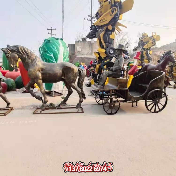 玻璃鋼仿銅歐式馬拉車雕塑旅游景點步行街?jǐn)[件