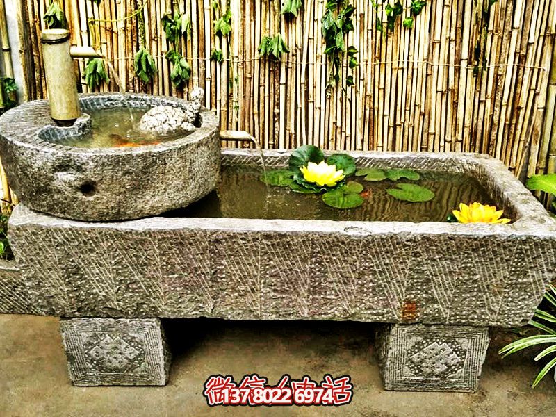 仿古石槽養魚花盆流水老石槽園林舊石磨盤擺件